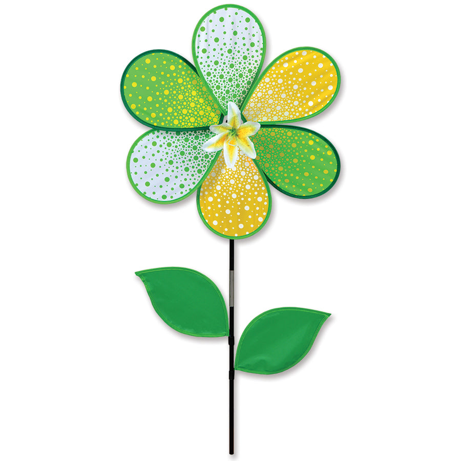 19 in. Flower Spinner featuring vibrant yellow lily petals rotating gracefully in a gentle breeze, enhancing outdoor garden decor.
