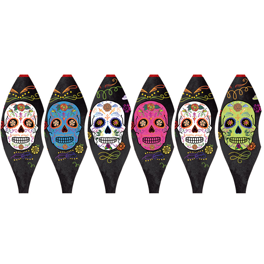 19 in. Pop-Open Hot Air Balloon - Day of the Dead Black, spinning in the wind, displayed on a porch, showcasing vibrant colors and festive design.