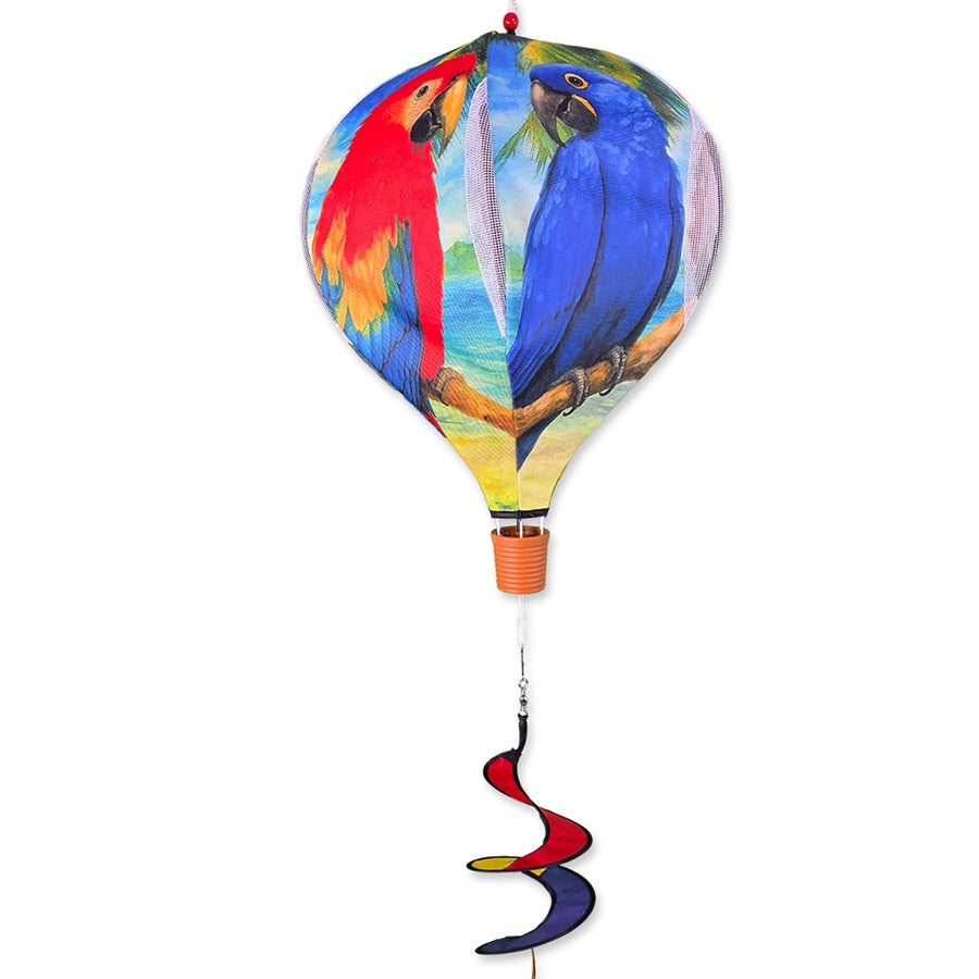 19 in. Pop-Open Hot Air Balloon featuring colorful parrots, spinning in the wind on a porch, brightening the outdoor space with vibrant colors.