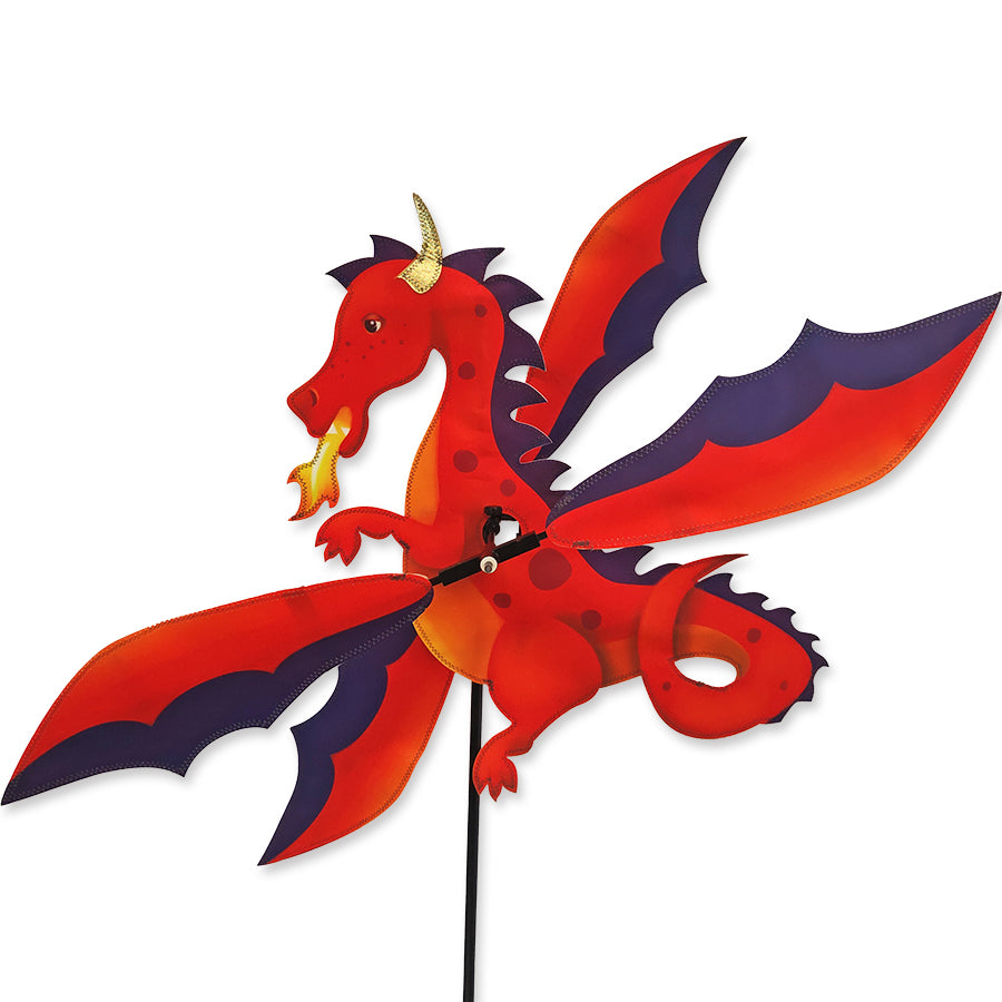 19 in. WhirliGig Spinner - Red Dragon showcasing colorful fabric wings spinning in the breeze, enhancing outdoor garden decor.