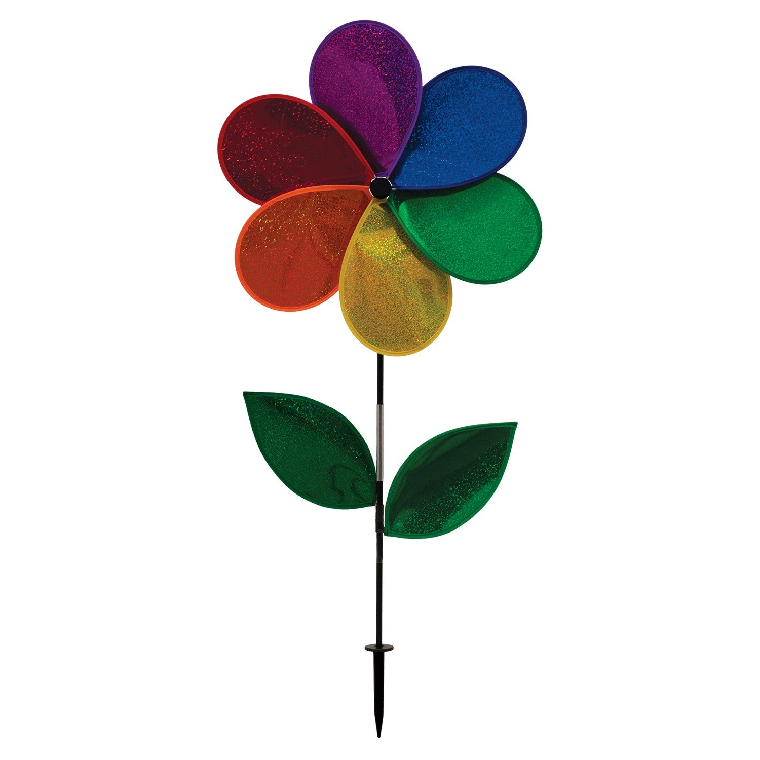 19 inch Rainbow Glitter Flower Spinner with bright Mylar petals spinning on a garden pole in a sunny outdoor yard setting.