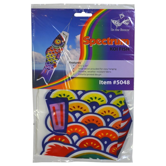 2' Spectrum Koi Fishsock in vibrant rainbow colors hanging from a garden hook in a garden setting, capturing the breeze effortlessly.
