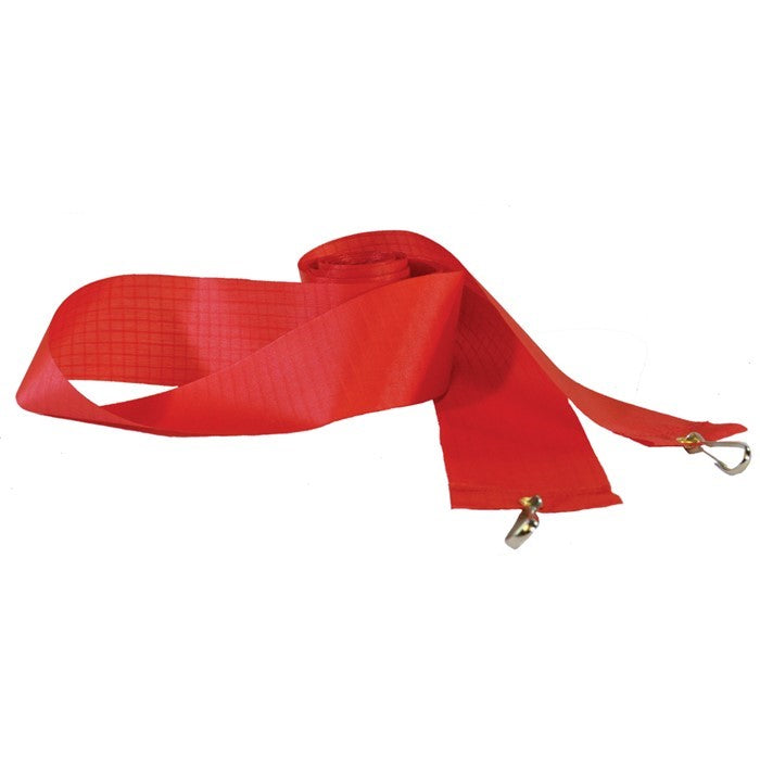 20-foot Continuous Kite Tail in vibrant red attached to a kite, flowing elegantly in the wind against a clear blue sky.
