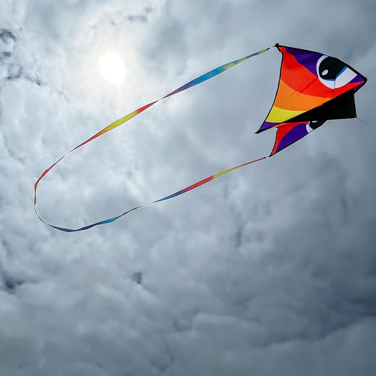 20' Continuous Kite Tail - Tie Dye with vibrant colors, attached to a kite in the sky, showing its dynamic flow in the wind.