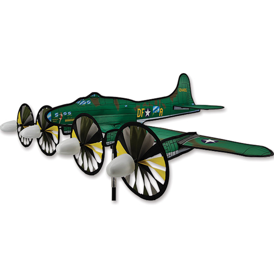 20 in. Airplane Spinner - B17 Memphis Belle, detailed replica spinner in vibrant colors catching the wind in a garden setting.