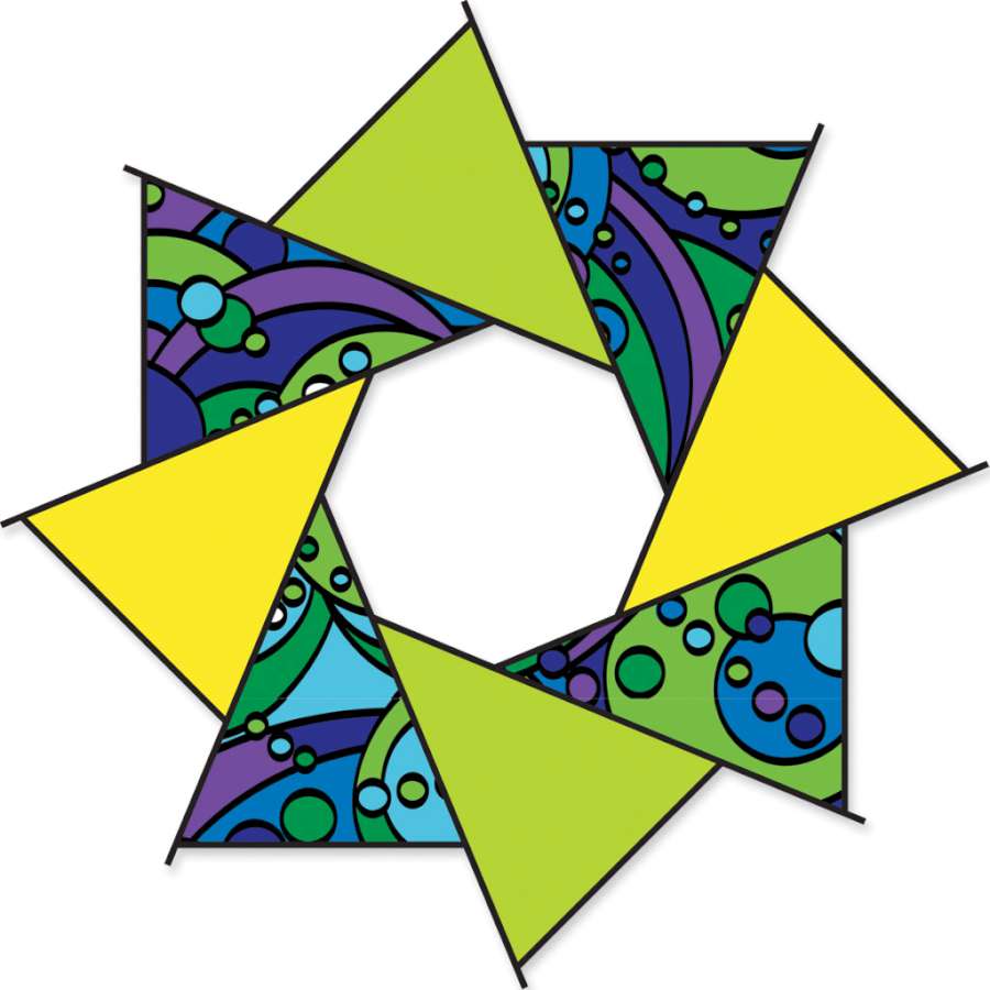 20 in. F-Stop Spinner for Kites and Line resembling a camera aperture, spinning in the wind at an outdoor kite event.