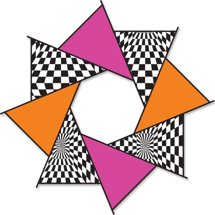 20-inch F-Stop Spinner for kites featuring a colorful op-art design, spinning gracefully in the outdoor air under clear blue skies.