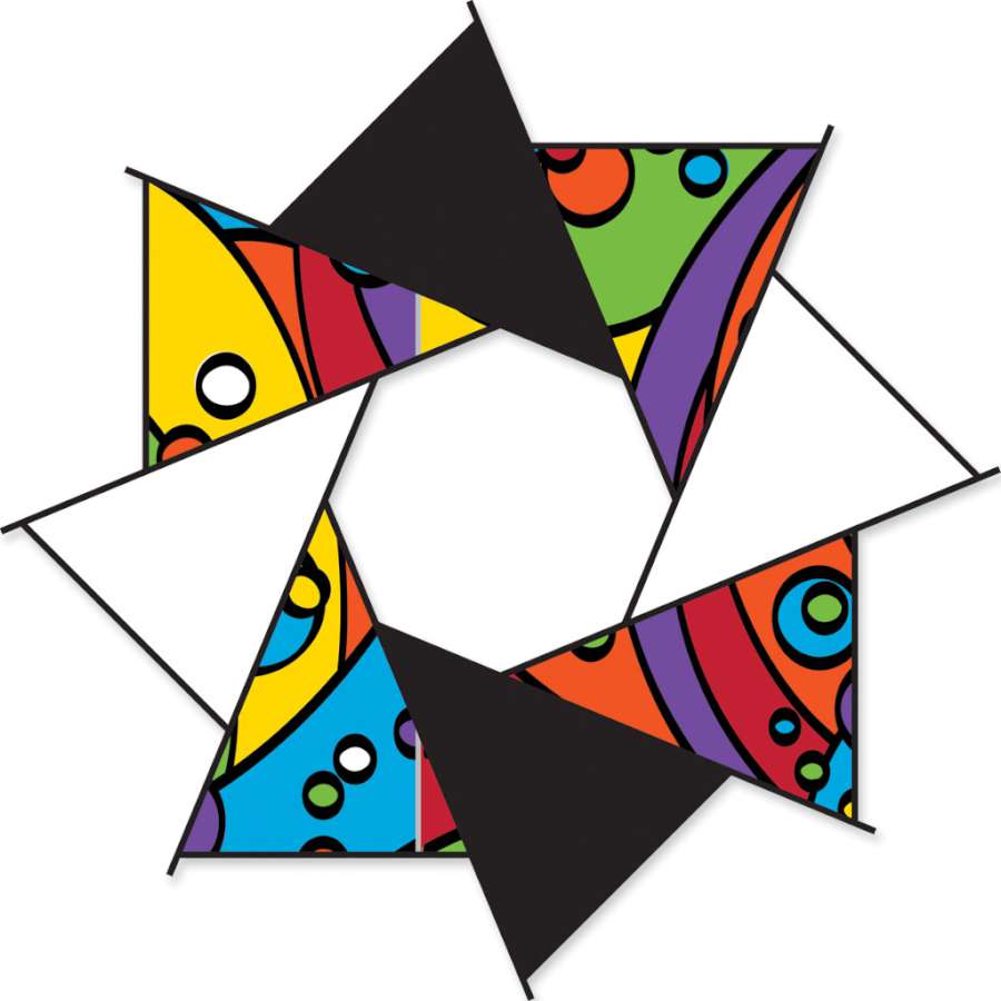20 in. F-Stop Spinner for kites in Rainbow Orbit design, featuring vibrant colors and a unique aperture shape displayed outdoors in the breeze.