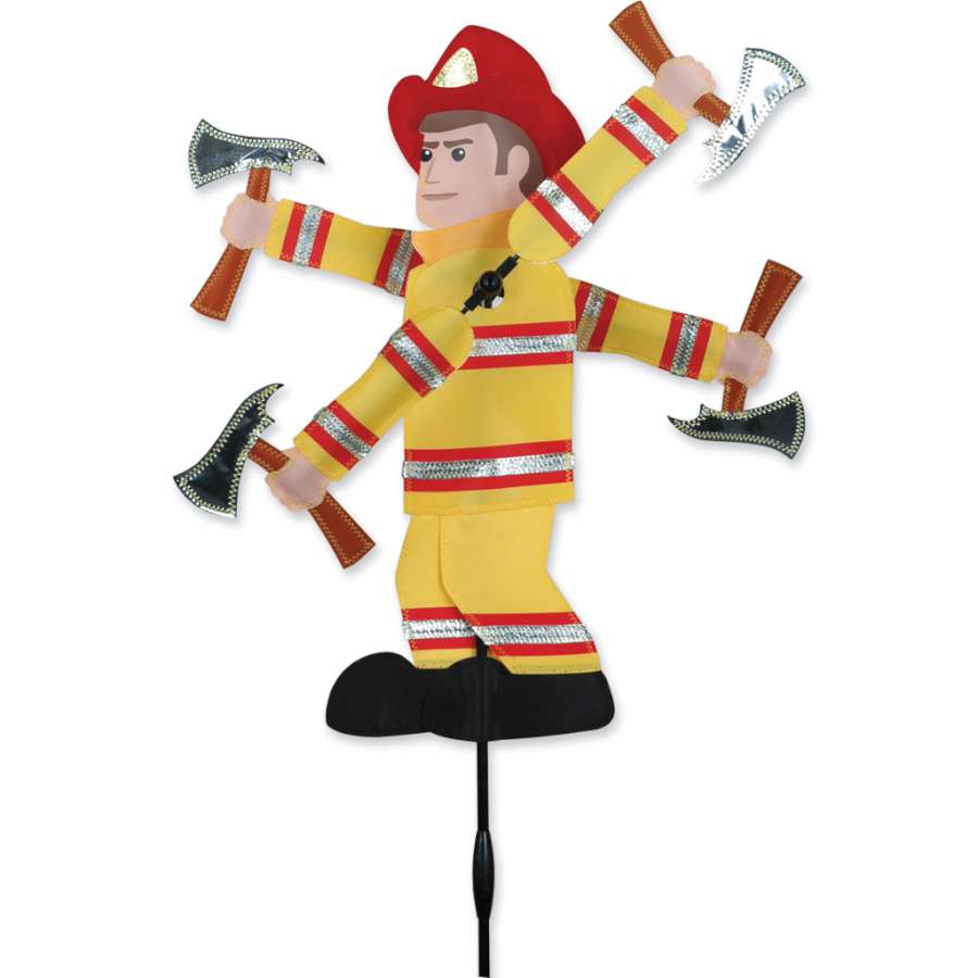 20 in. WhirliGig Spinner featuring a colorful fireman design, displayed outdoors, captured mid-spin in a gentle breeze.