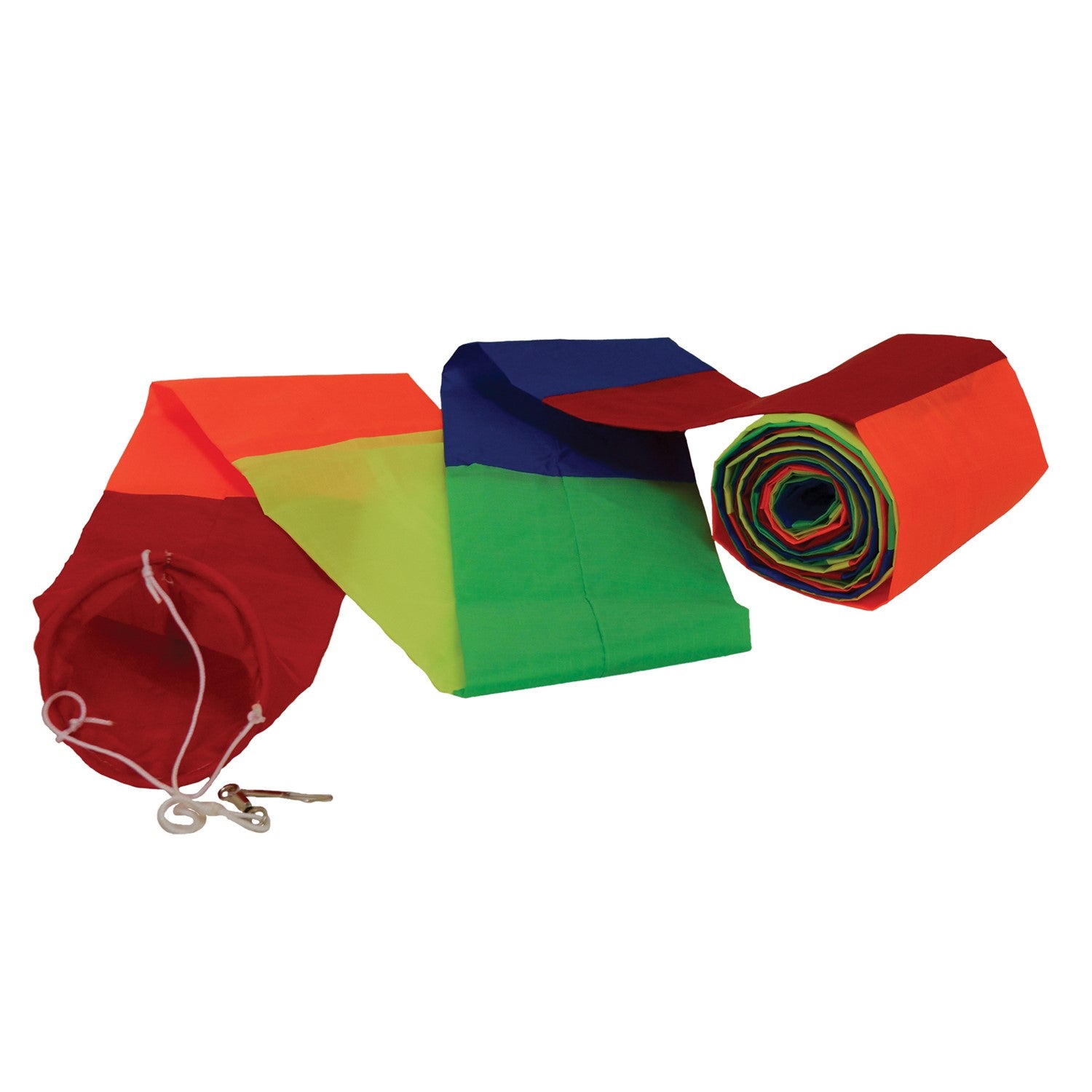 20' Rainbow Tube Tail featuring vivid rainbow stripes designed to enhance kite displays, showcased in an outdoor setting with a clear sky.
