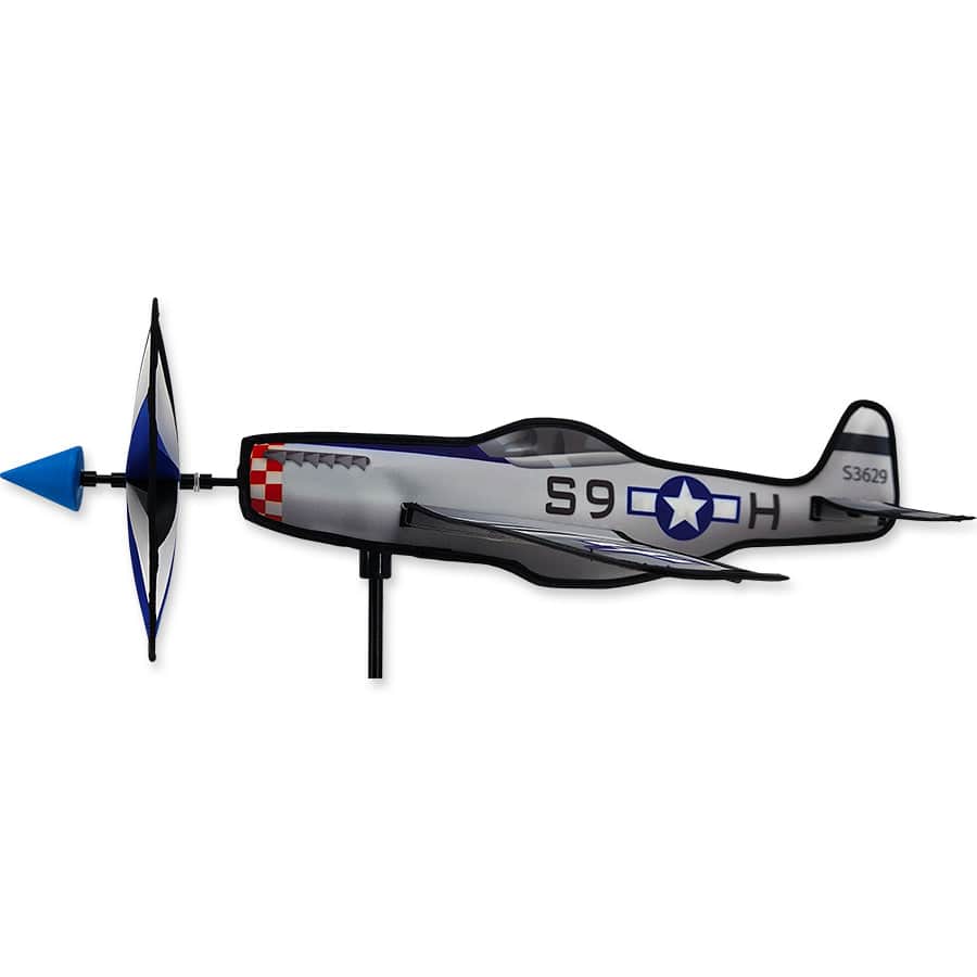 Classic WWII spinner in silver and blue with propeller motion, designed to add aviation charm to yards and gardens.