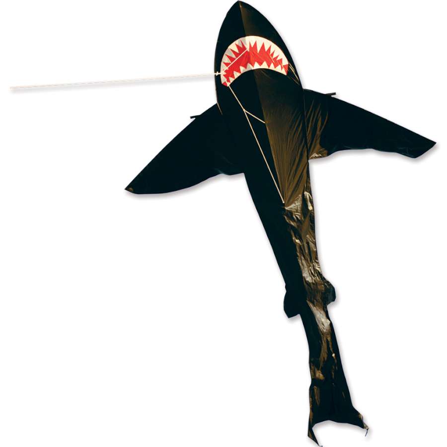 A 21 ft. Black Shark Kite flying high in the sky, beautifully showcasing its sleek design and ripstop polyester fabric.