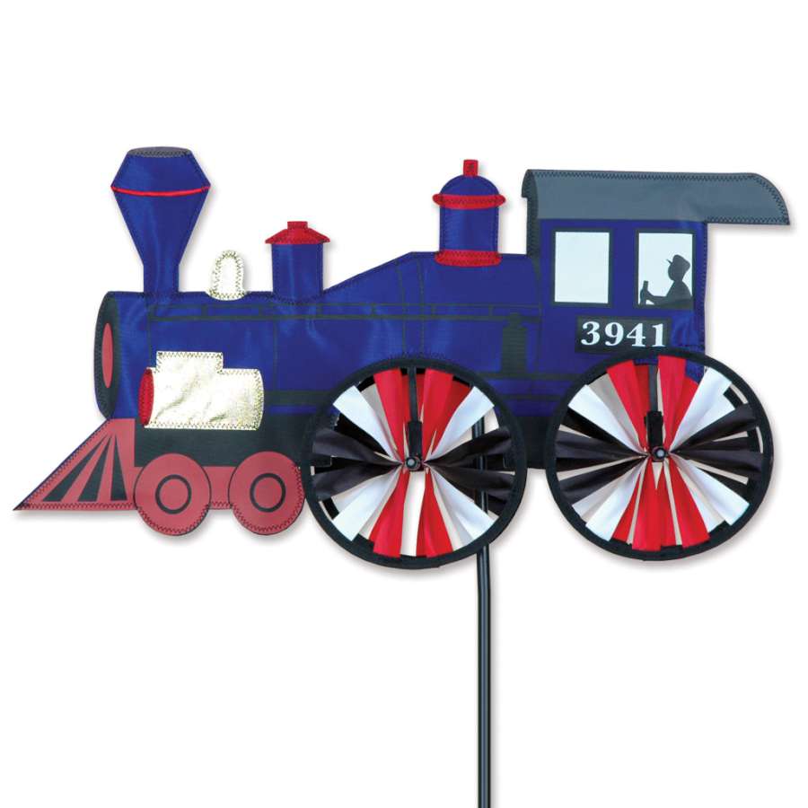 21 in. Steam Engine Spinner featuring detailed design, vividly colored, spinning in a garden setting with flowers around it.
