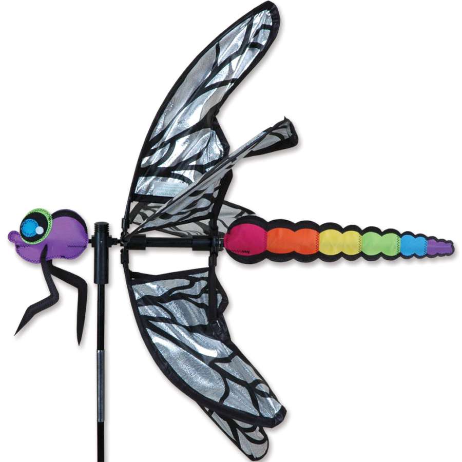22 in. Dragonfly Spinner displayed in a garden, featuring two vibrant dragonflies that rotate in the breeze against a blue sky backdrop.