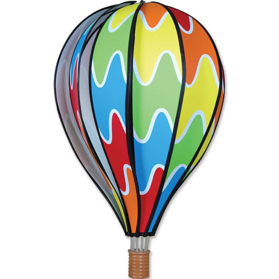 22 in. Rainbow Hot Air Balloon spinner hanging outdoors, showcasing vivid colors in a 22-inch design, adding joy to any setting.