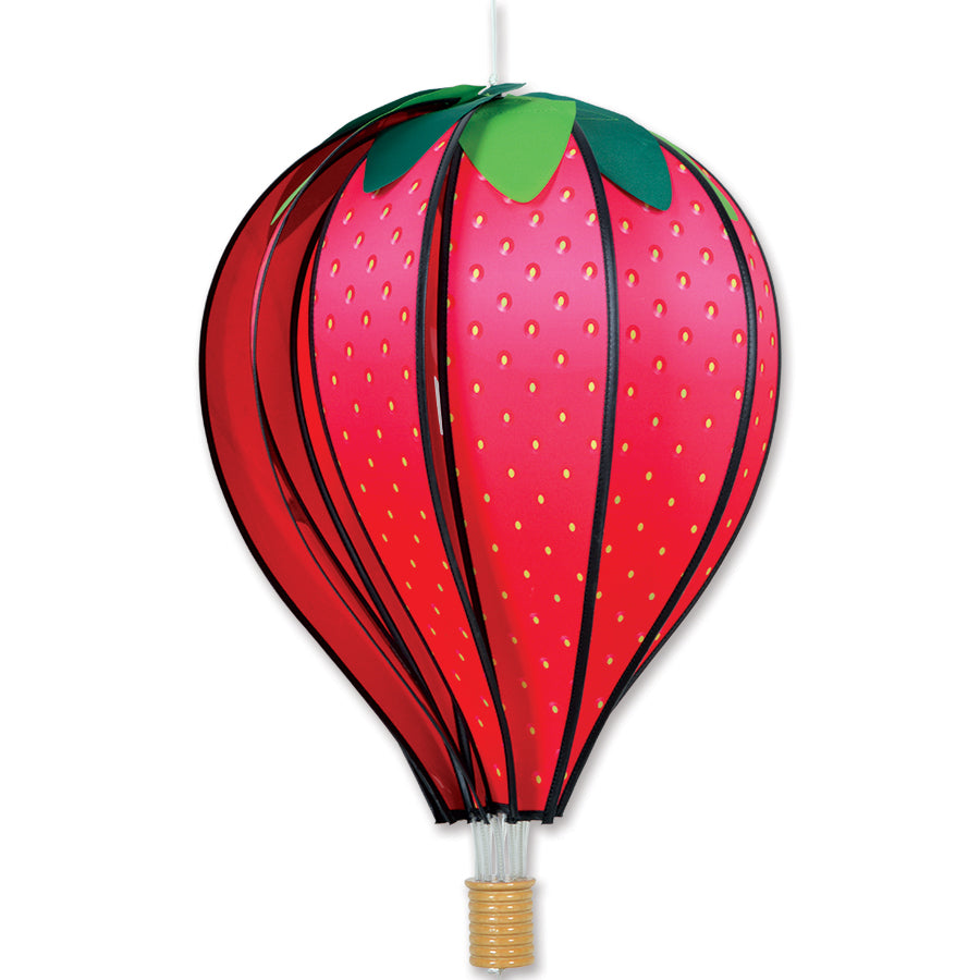 22 in. Hot Air Balloon featuring strawberry design spinning in the air, displaying bright colors and whimsical charm without needing inflation.
