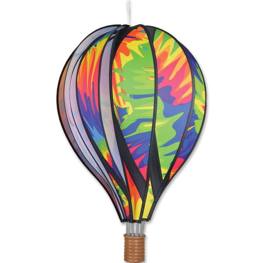 22-inch tie dye hot air balloon spinning in the breeze, displaying vibrant colors perfect for outdoor decoration.