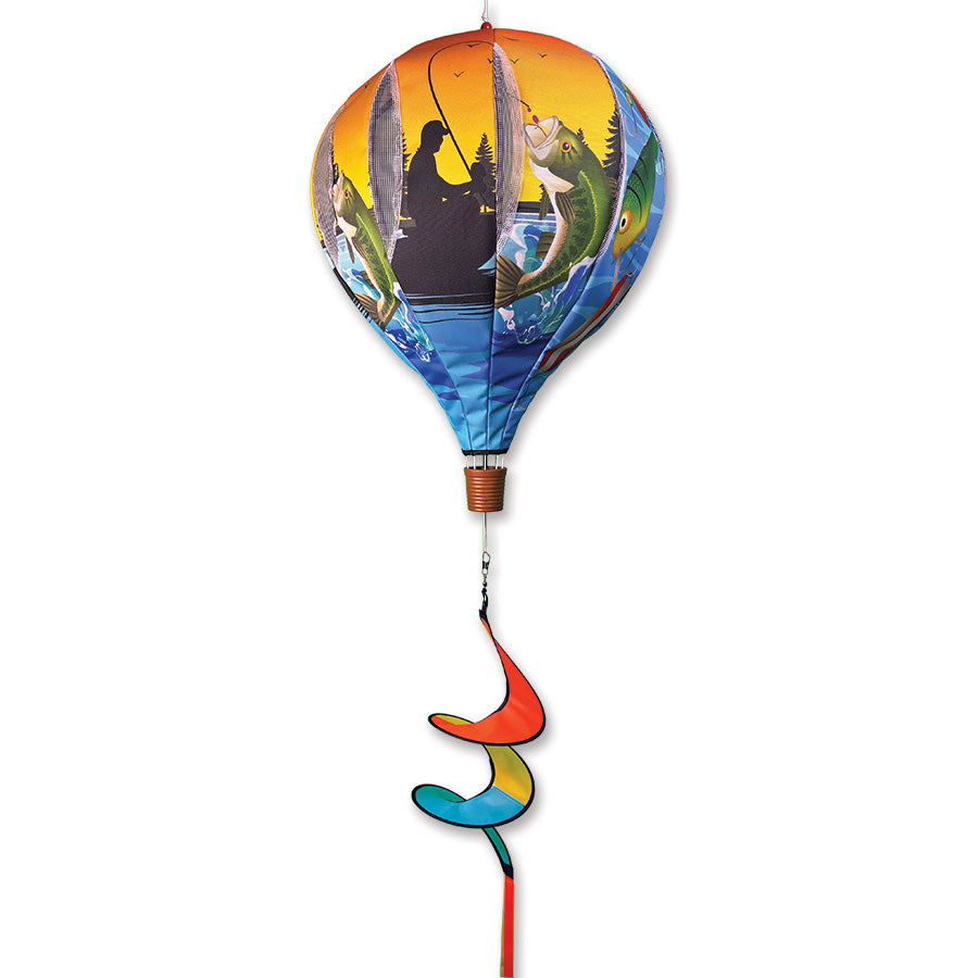 22 in. Pop-Open Hot Air Balloon with vibrant fishing-themed design displayed on a deck, spinning gently in the wind.