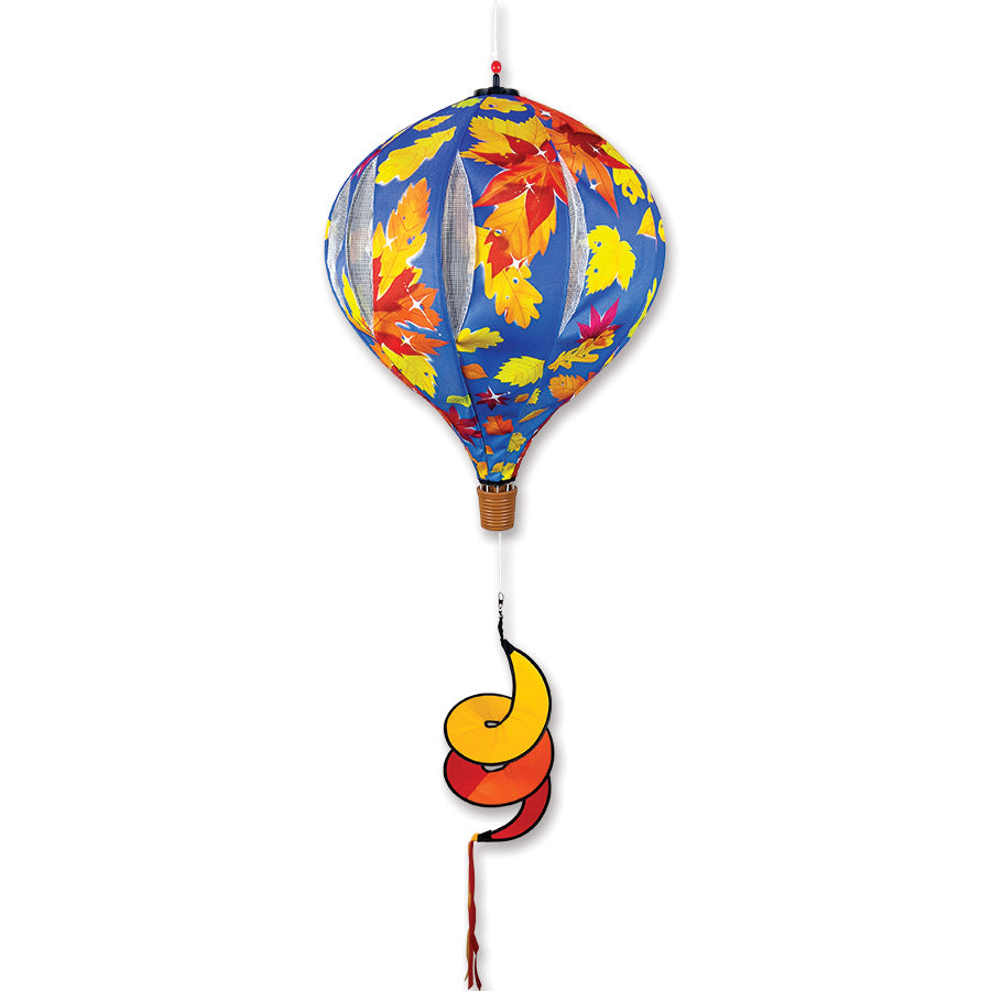 22 in. Pop-Open Hot Air Balloon in Fall Leaves design, showcasing vibrant autumn colors while spinning gently in a garden setting.