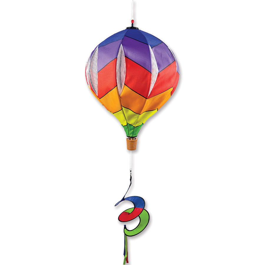 The 22 in. Pop-Open Hot Air Balloon in Rainbow Chevron features a colorful design that spins in the wind, creating a joyful outdoor accent for your home.