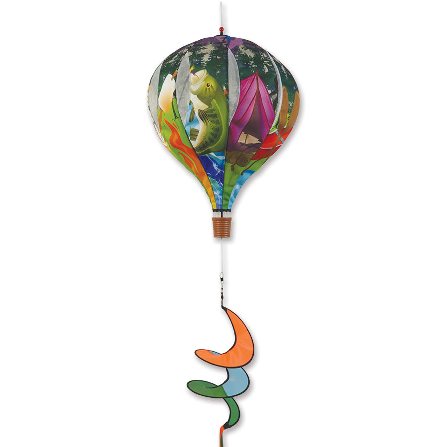22 in. Pop-Open Hot Air Balloon wind spinner displaying vibrant colors and spinning gently on a sunny porch, enhancing outdoor decor.