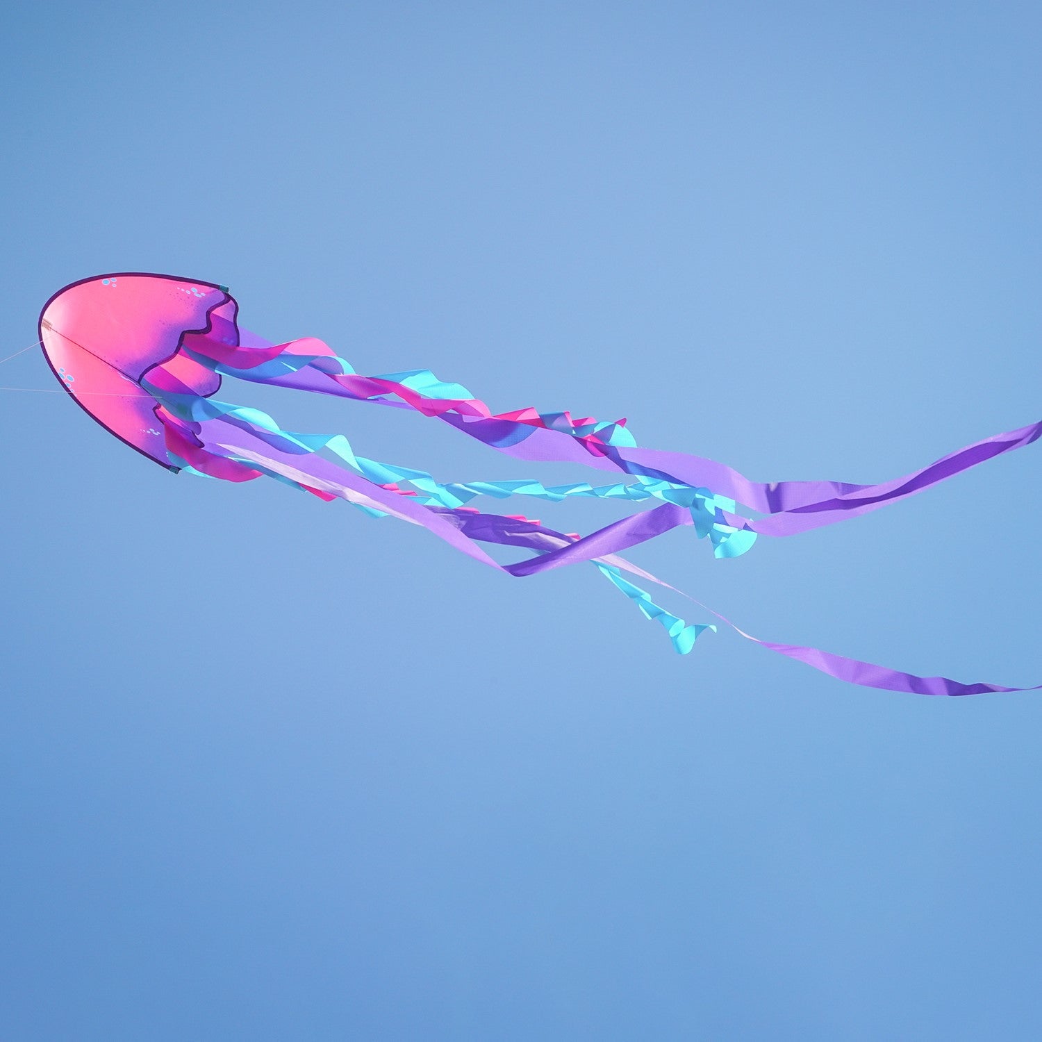 22-inch Jellyfish Dancing Dragon Kite with colorful tails flying in the sky, showcasing its vibrant jellyfish design during a sunny outdoor event.