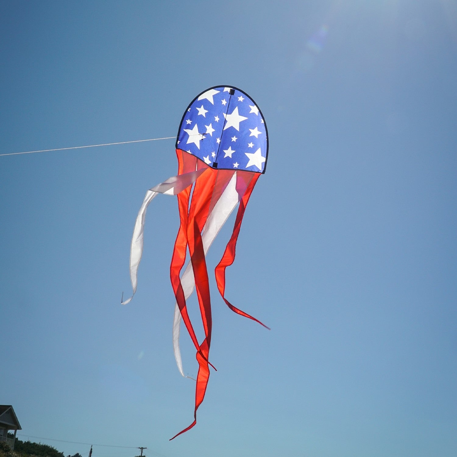 22" Patriot Dancing Dragon Kite with stars and stripes design soaring through the sky during a sunny outdoor event with tails flowing.