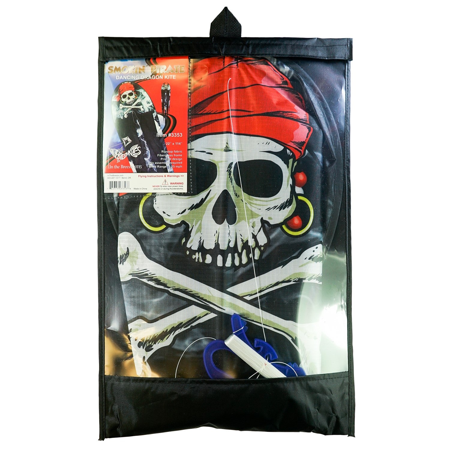 22 inch Smokin' Pirate Dancing Dragon Kite flying in the air with vibrant pirate and dragon designs, showcasing long flowing tails in a clear sky.
