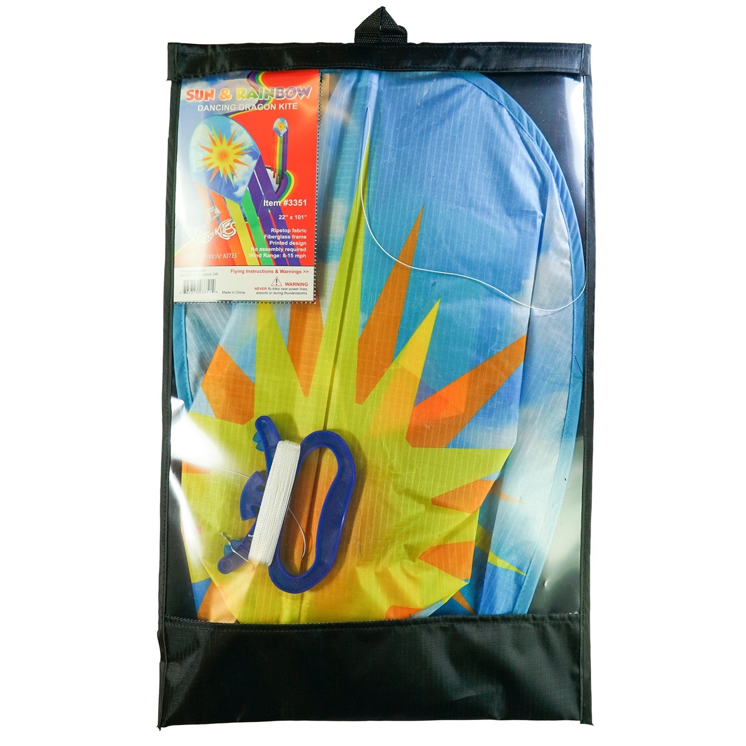 22-inch Sun & Rainbow Dancing Dragon Kite with colorful tails flying against a clear blue sky during a sunny day.