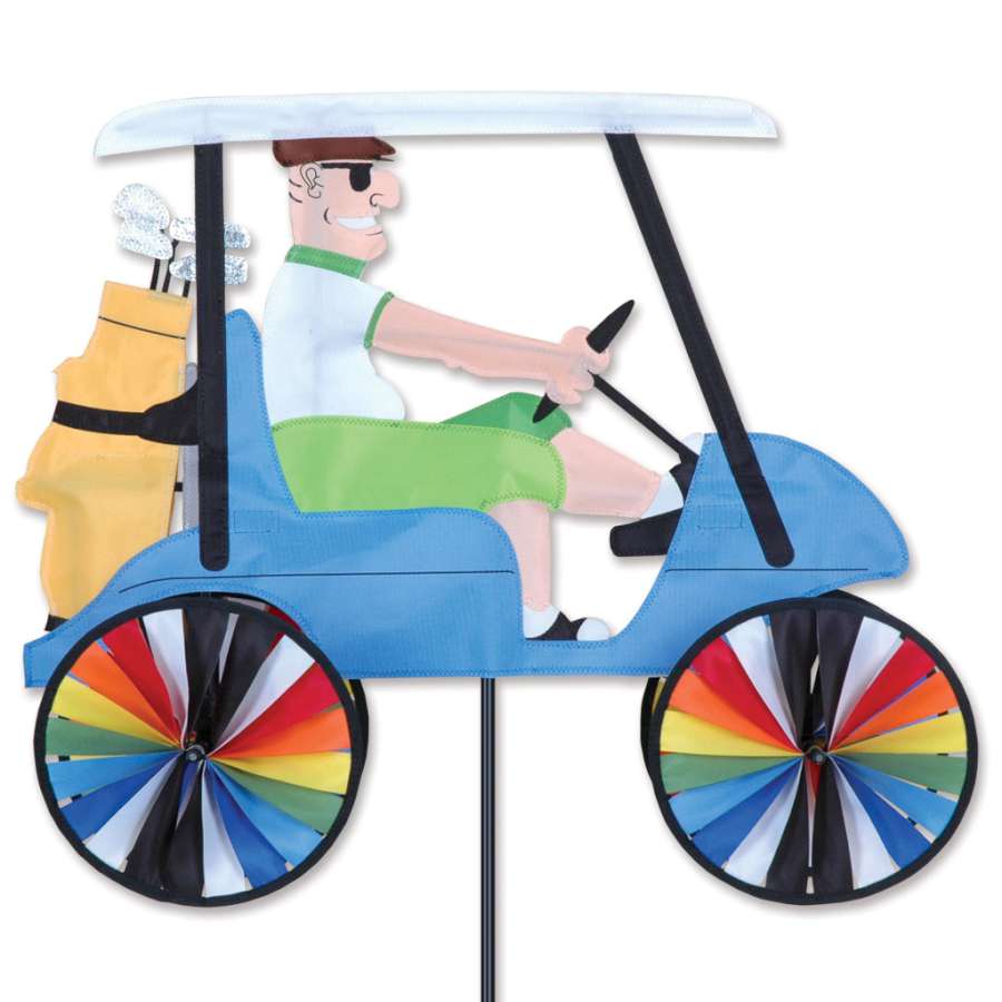 Vibrant 23 in. Golf Cart Spinner with colorful designs spinning in the wind atop a golf cart on the course.