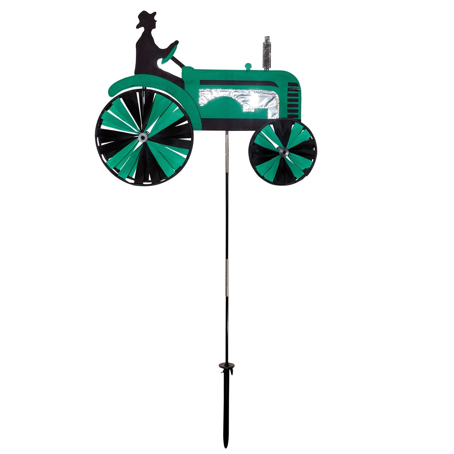 24-inch Green Tractor Spinner with four spinning wheels, vibrant design, and fiberglass frame displayed in a sunny garden setting.