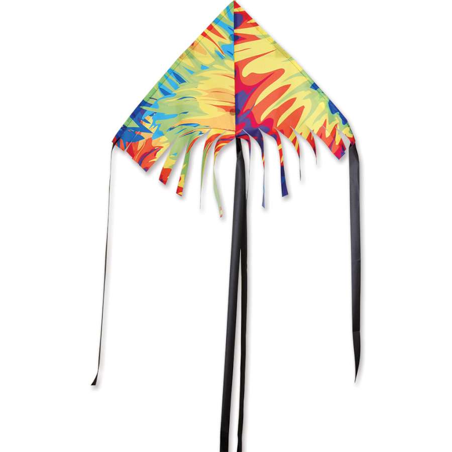 24 in. Fringe Delta Kite - Tie Dye with colorful design soaring in the sky against a bright blue backdrop, showcasing its lightweight and durable construction.