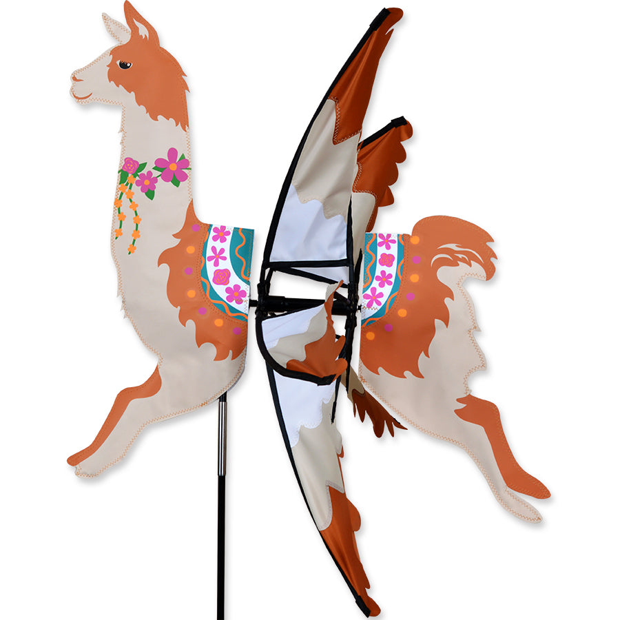 24 in. Llama Spinner with colorful design spinning in a garden setting, adding charm and whimsy to outdoor spaces.