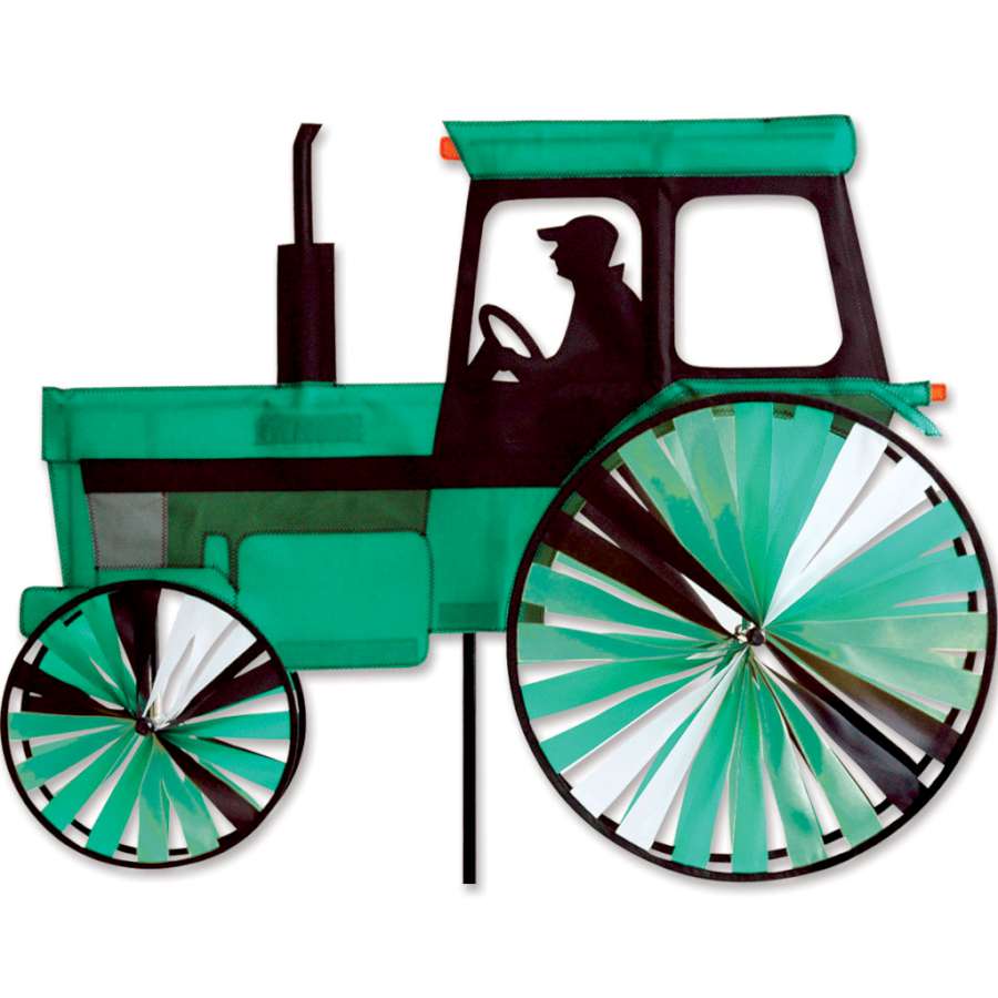 24 in. Modern Tractor Spinner in green showcasing a stylish tractor design, spinning gracefully in an outdoor garden setting.