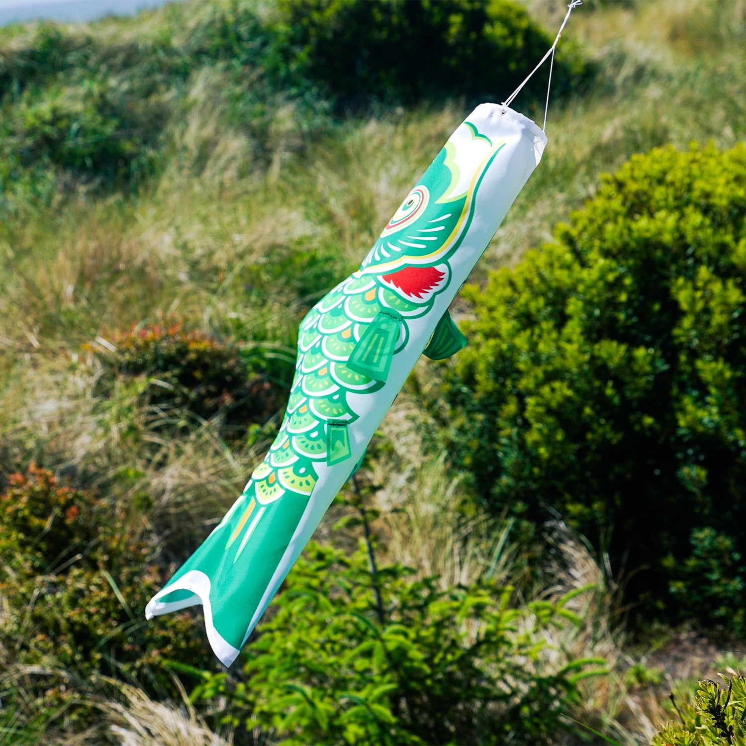 24\" Green Koi windsock featuring intricate fish design, fluttering in the breeze, showcasing vibrant colors against a clear sky backdrop.