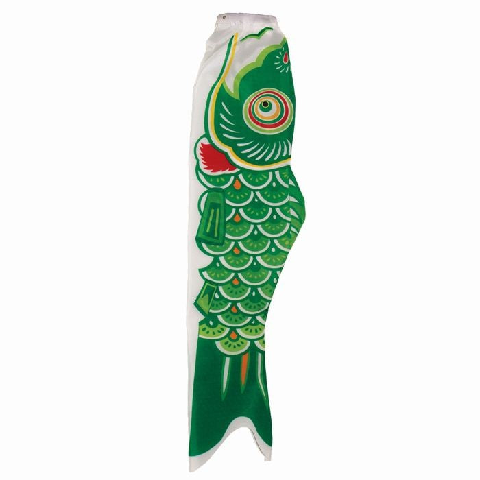 24\" Green Koi windsock featuring intricate fish design, fluttering in the breeze, showcasing vibrant colors against a clear sky backdrop.