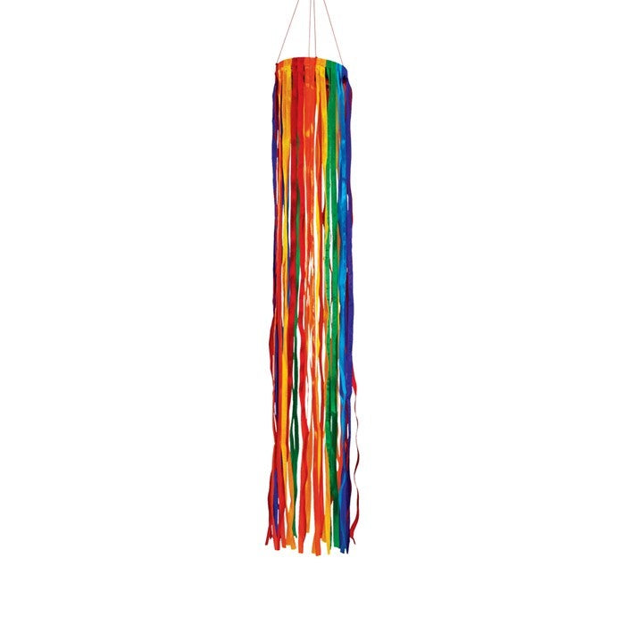 24-inch Rainbow Ribbon Windsock featuring shiny satin ribbons in a spectrum of colors, hanging outdoors, gently swaying in the breeze.
