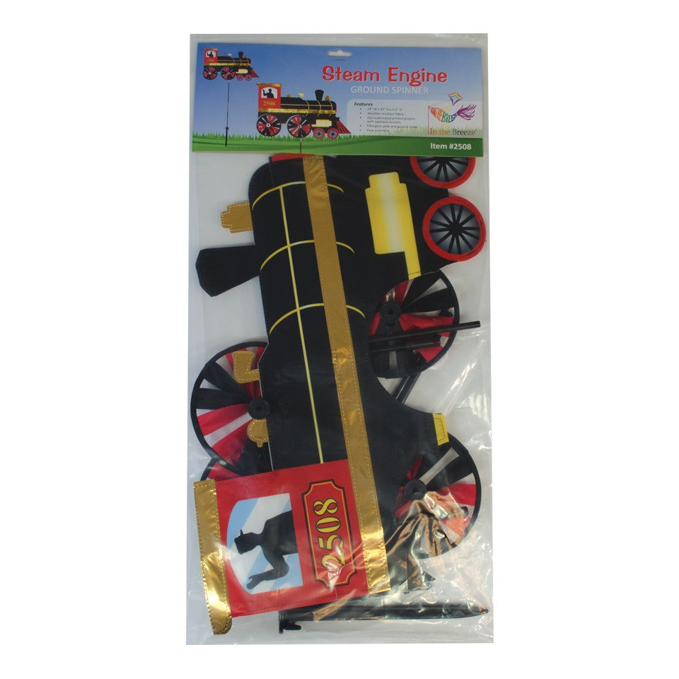 24-inch Steam Engine Spinner with vibrant colors and shiny applique accents, spinning gently in a garden setting, evoking retro train nostalgia.