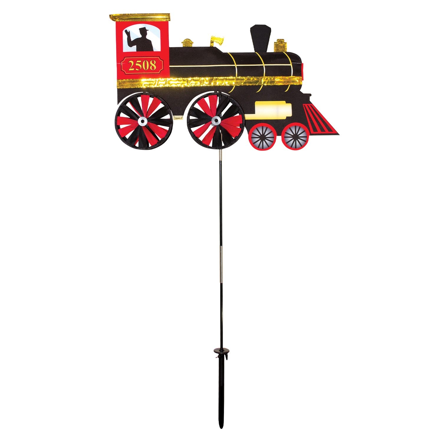 24-inch Steam Engine Spinner with vibrant colors and shiny applique accents, spinning gently in a garden setting, evoking retro train nostalgia.