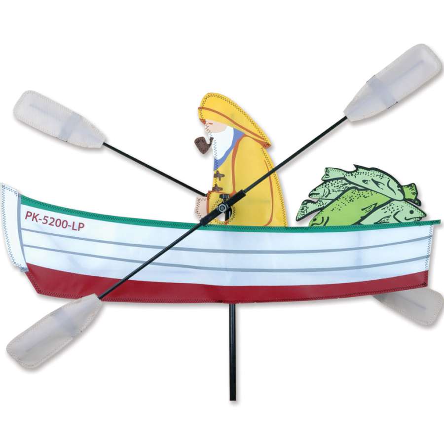 24 in. WhirliGig Spinner - Fisherman with colorful fabric wings spinning gently outdoors, capturing the spirit of fishing in a vibrant garden setting.