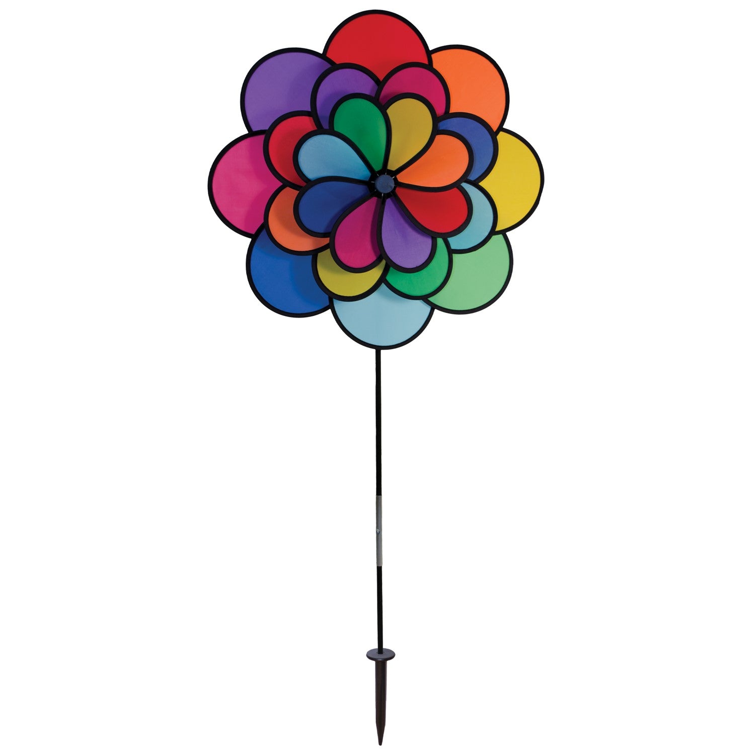 24-Petal Flower Triple Wheel Spinner featuring vibrant rainbow-colored petals spinning in a garden setting, creating a playful decoration.