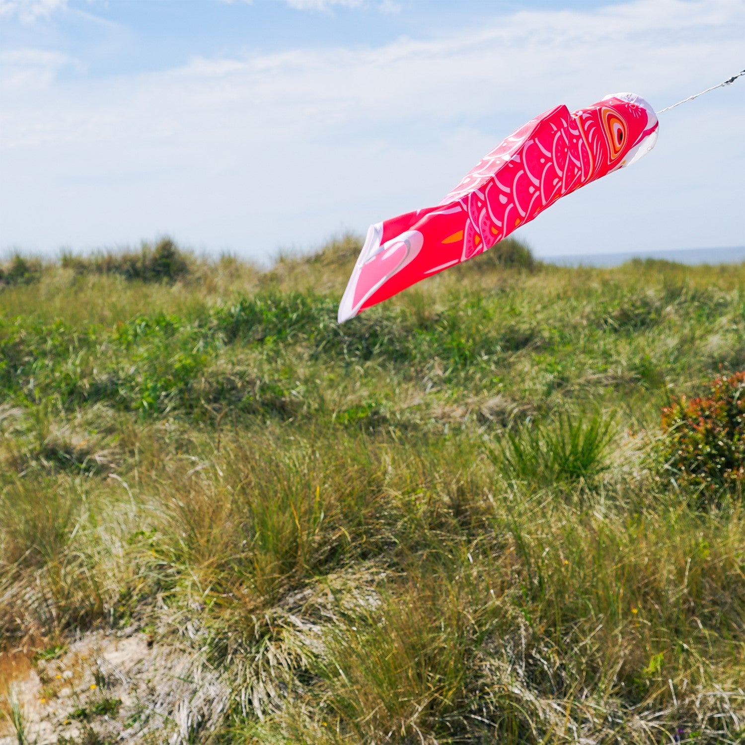 Colorful 24" Pink Koi windsock hanging outdoors, showcasing its vibrant design and fluttering in the breeze.