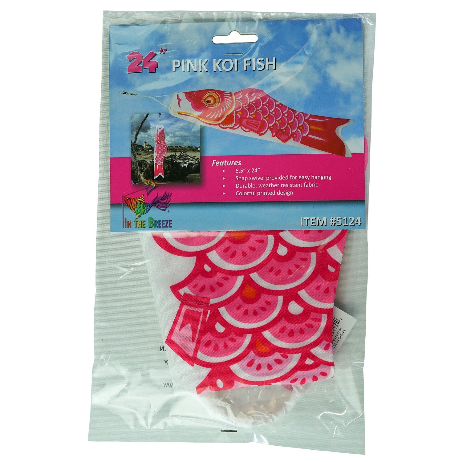 Colorful 24" Pink Koi windsock hanging outdoors, showcasing its vibrant design and fluttering in the breeze.