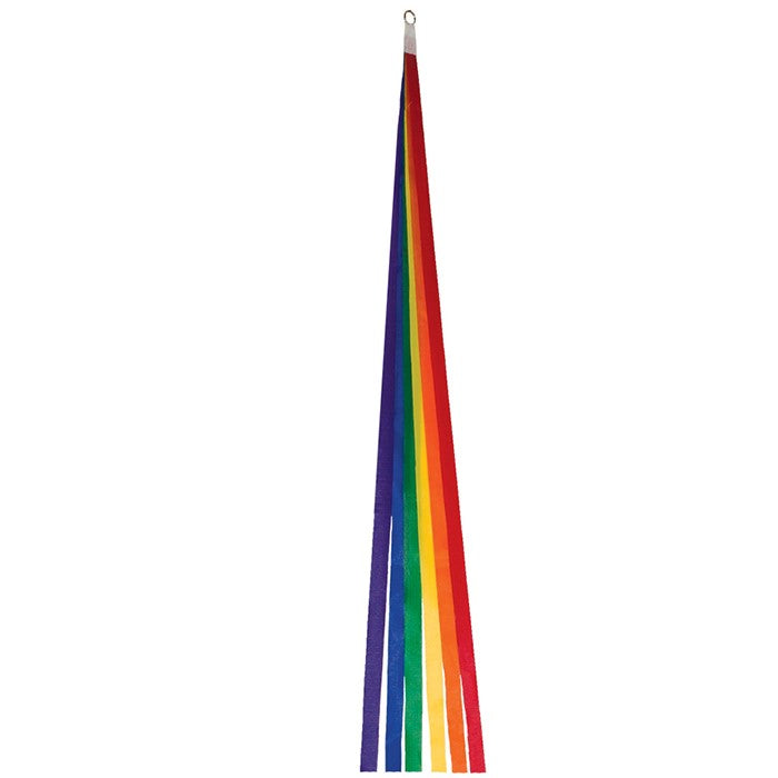 24" Thin Rainbow Tails in colorful ripstop fabric displayed against a blue sky during kite flying, enhancing the visual appeal of the kites above.