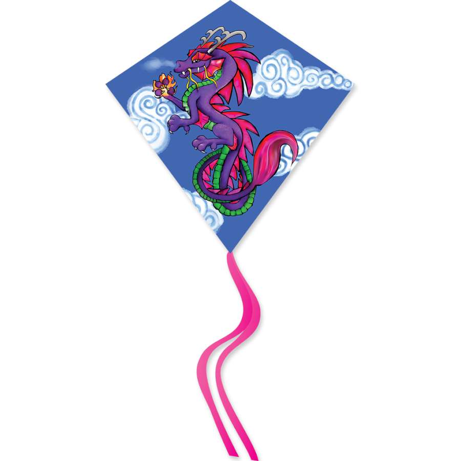 25 in. Asian Dragon diamond kite flying in a clear blue sky, showcasing its colorful dragon design and durable construction.