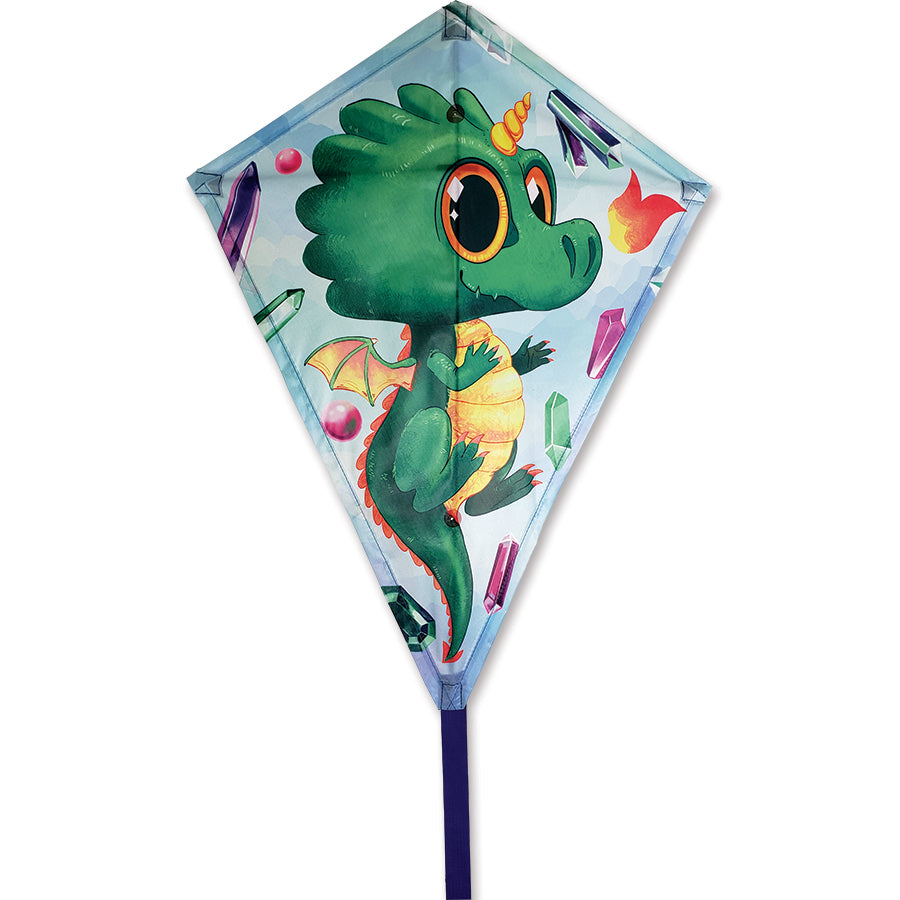 25 in. Diamond Kite featuring a colorful crystal dragon design soaring through the sky, framed with durable fiberglass for maximum stability.