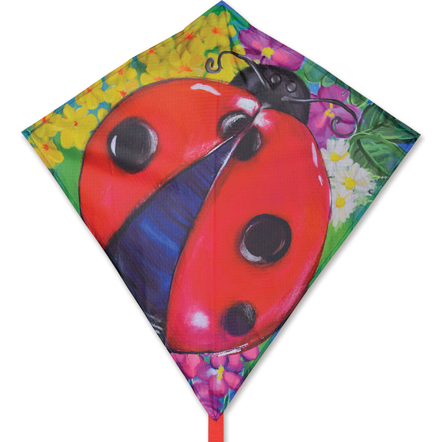 25 in. Diamond Kite featuring a bright ladybug design soaring in the sky, showcasing its vibrant colors and sturdy frame during flight.