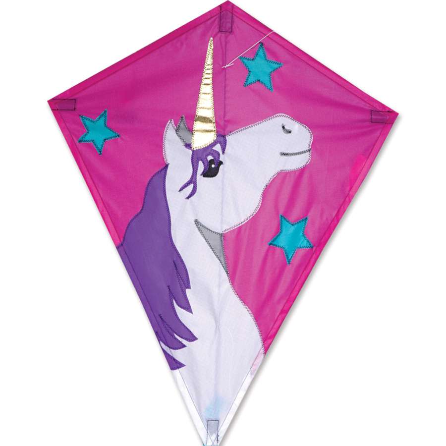 25 in. Diamond Kite - Lucky Unicorn, colorful design flying against a clear blue sky, showcasing its vibrant ripstop polyester fabric.