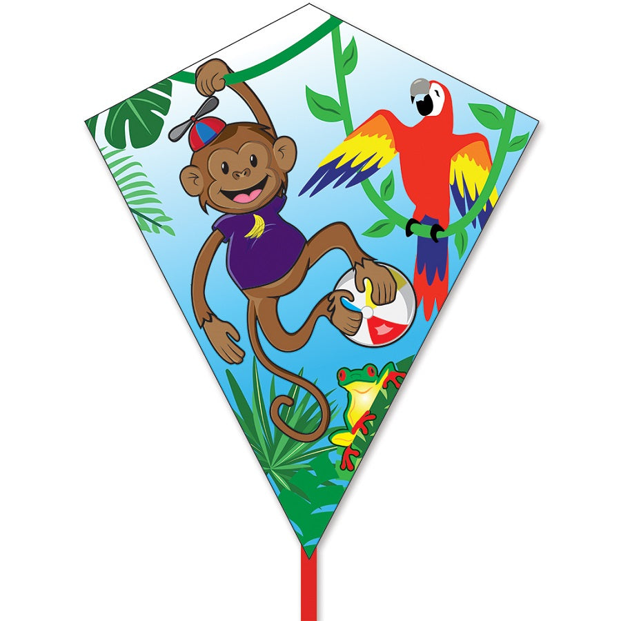 25 in. Diamond Kite featuring a playful monkey design, measuring 25 inches, flying against a clear blue sky on a sunny day.