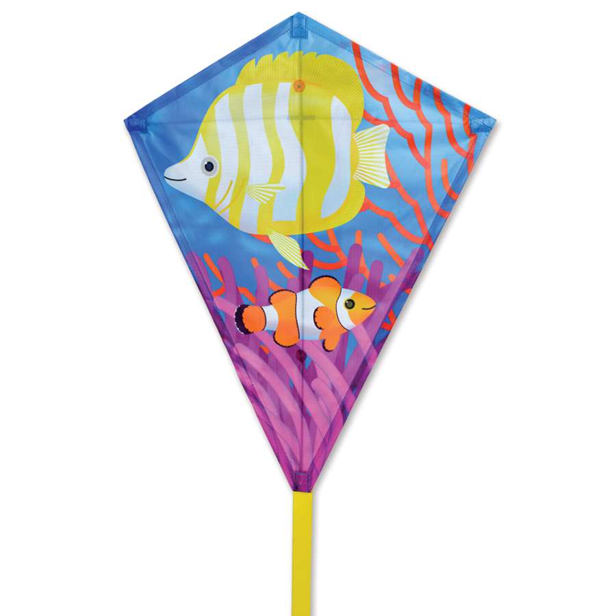 25 in. Diamond Kite with a colorful tropical fish design, made from durable ripstop polyester, flying against a bright blue sky.